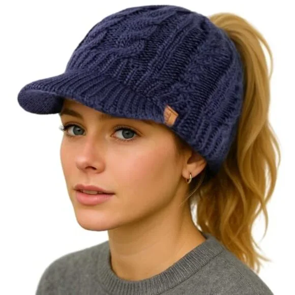 Merino Wool Visor Ponytail Beanie Fleece Lined Winter Hat 3  display picture 2